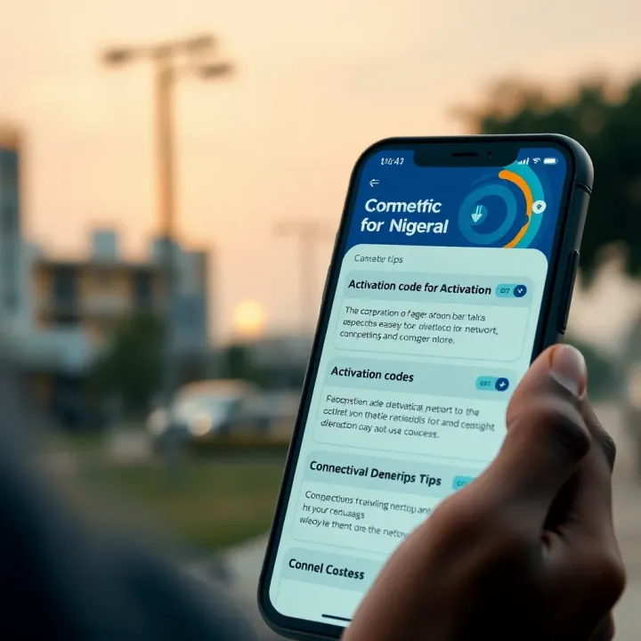 Illustration of a mobile phone screen displaying activation codes and connectivity tips for optimized use in Nigerian network conditions