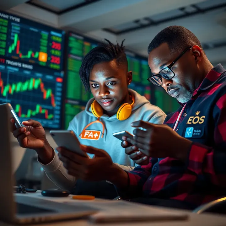 Illustration showing Nigerian investors analyzing cryptocurrency market trends on multiple devices