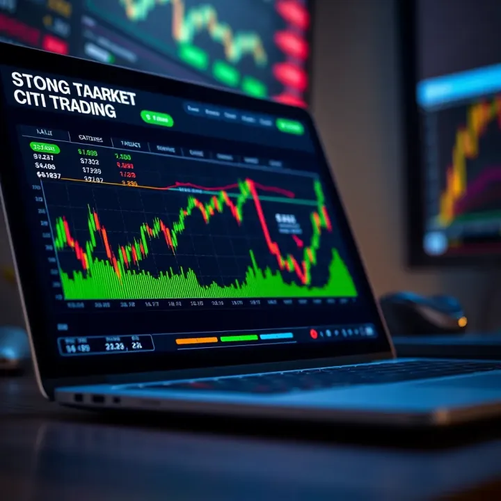 Digital interface displaying stock market charts and data on a laptop screen