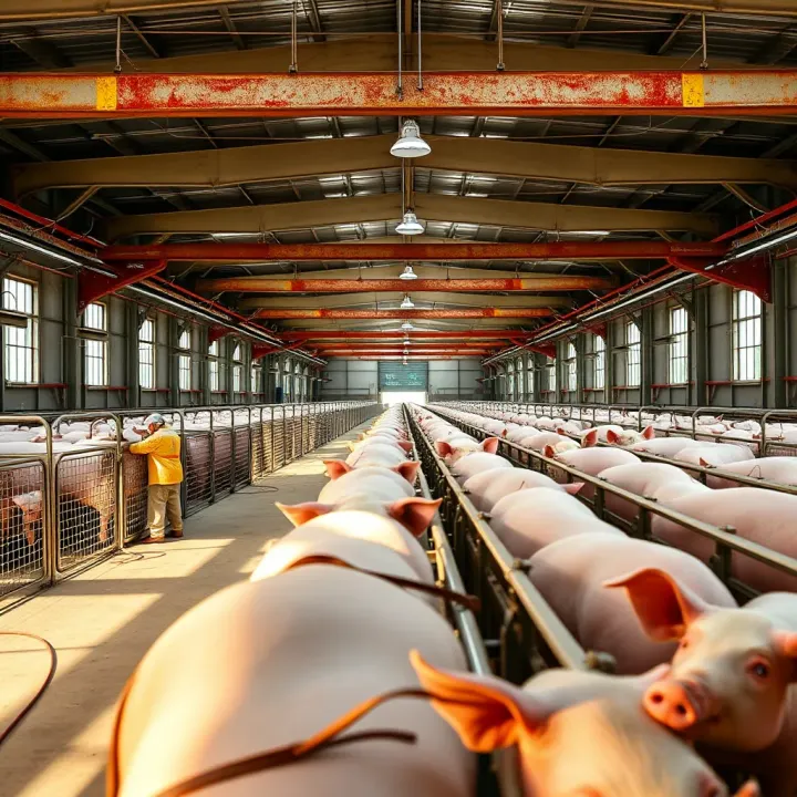 Expansive pig farming facility showcasing extensive pig enclosures and modern farming equipment under natural lighting