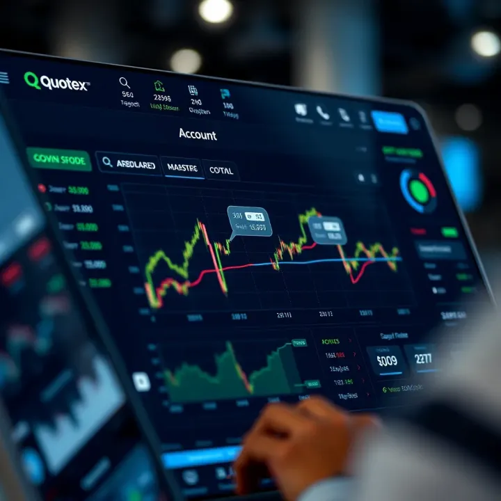 Dashboard of Quotex.com trading platform with active account features and navigation.