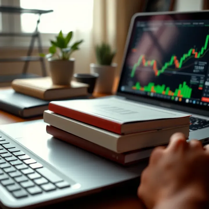 Books and laptop illustrating online trading education and business ventures