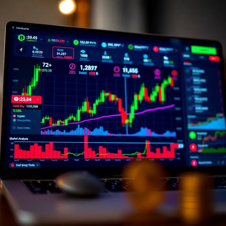 A digital dashboard displaying cryptocurrency trading charts and market analysis in vibrant colors
