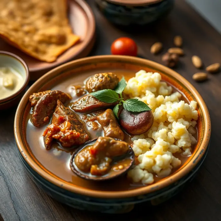 Traditional amala served with ewedu soup and assorted protein on a ceramic dish