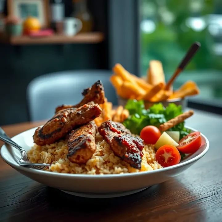 Plate of jollof rice accompanied by grilled meat and fresh salad on a wooden table