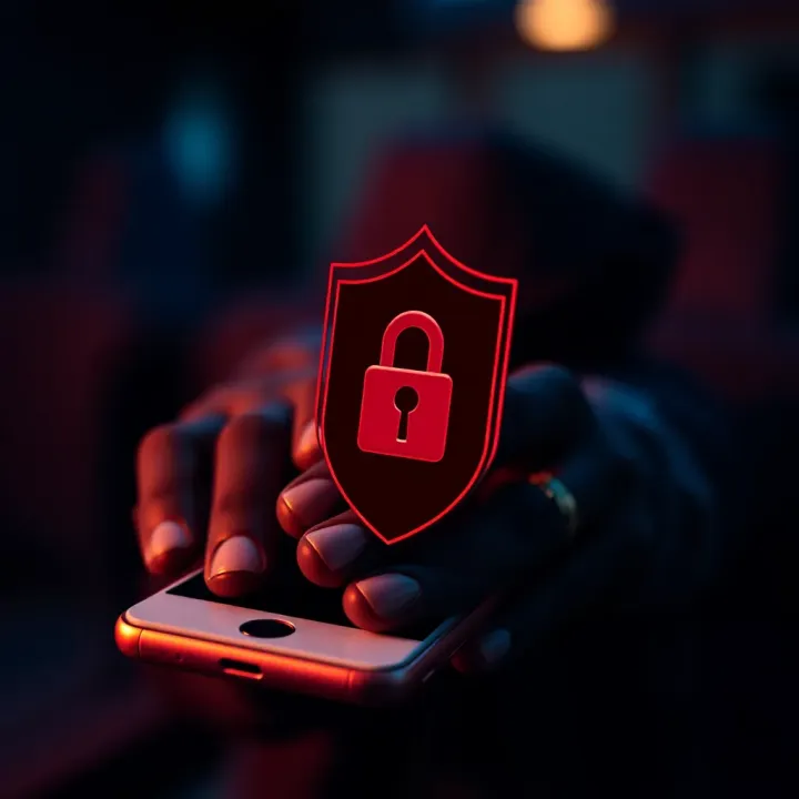 Graphic showing shield symbol over mobile device indicating security and legal protection in app transactions