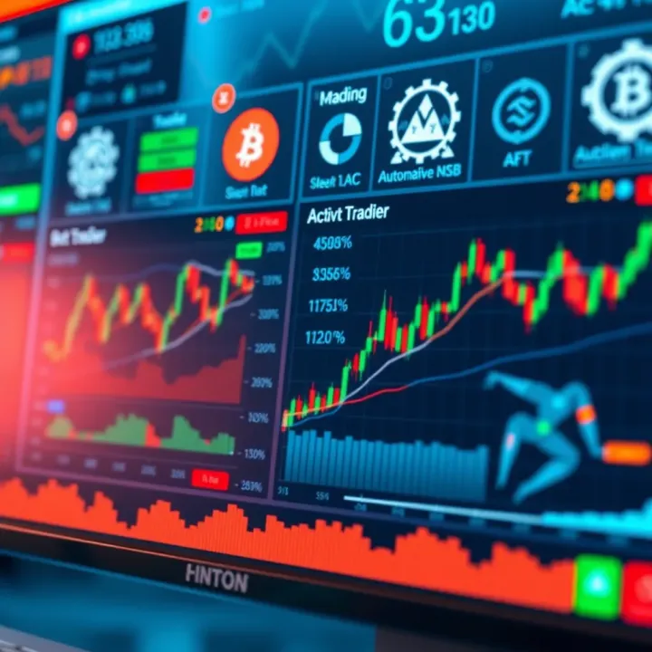 Illustration of a digital trading dashboard showing automated bot activities and market charts