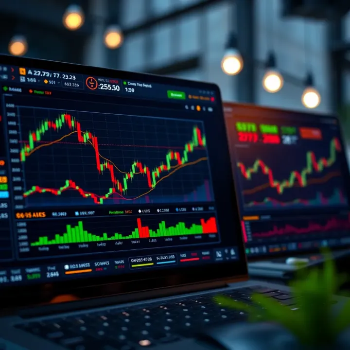 Illustration of a digital trading platform interface showing various financial instruments and charts