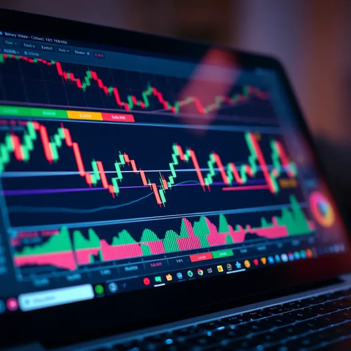 TradingView platform displaying binary trading charts with candlestick patterns and technical indicators