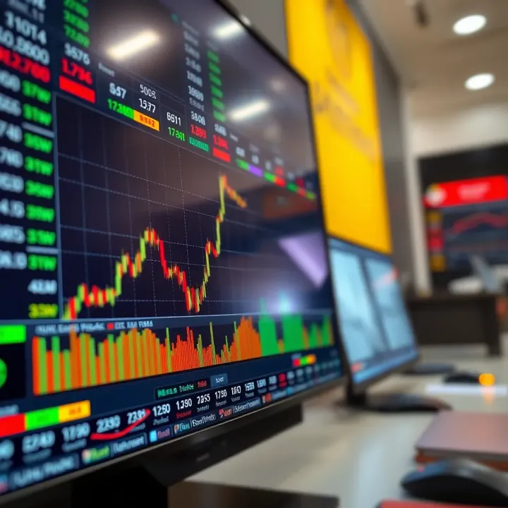 A digital screen showing live financial market data with charts and graphs