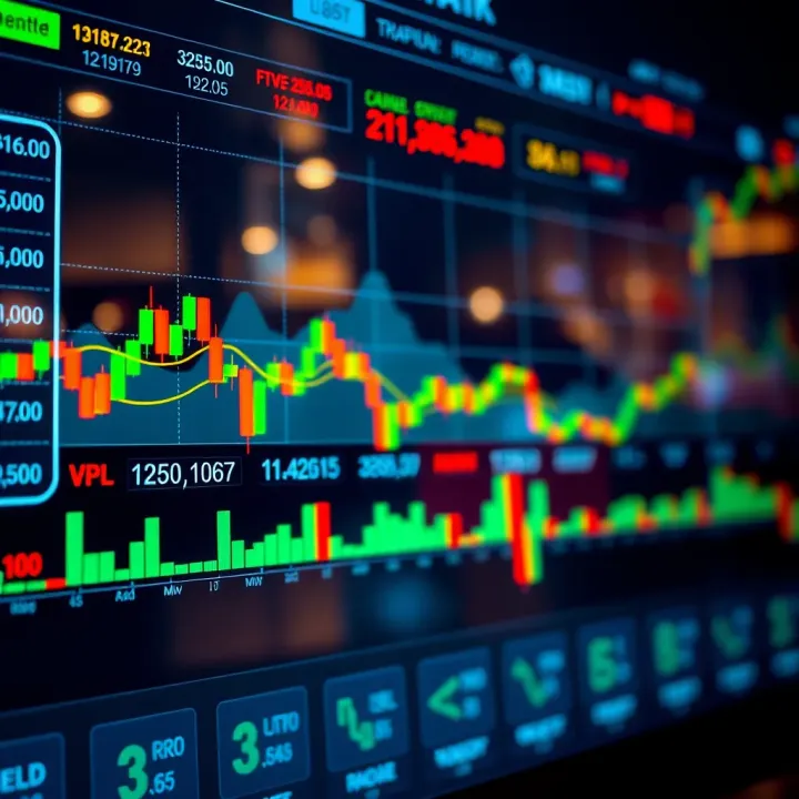 A conceptual illustration of online stock trading with financial icons and currency symbols