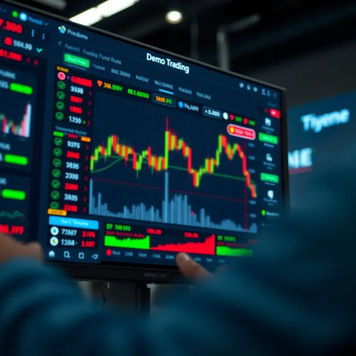 Graphical interface displaying a demo trading platform with charts and simulated funds balance