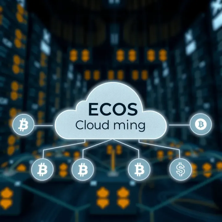Diagram illustrating the concept of cloud mining with digital servers connected to cryptocurrency icons