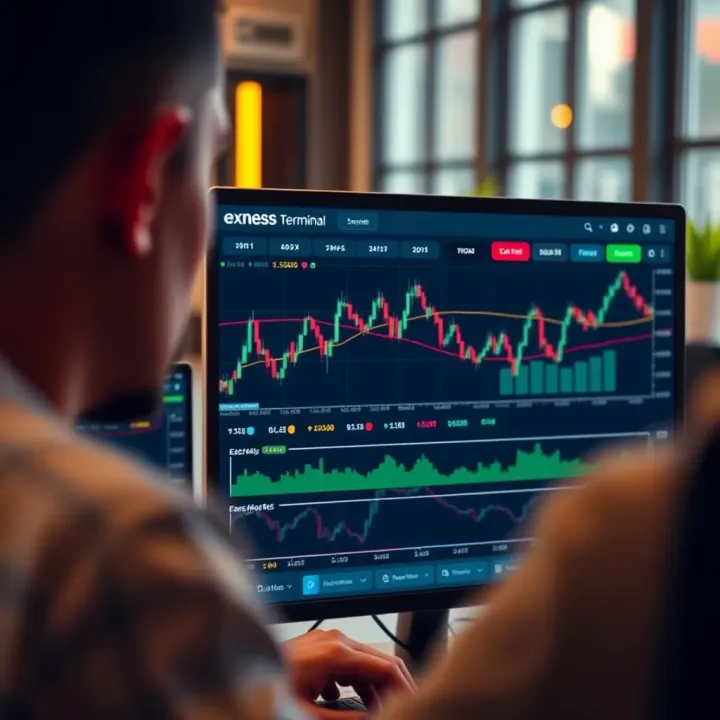Browser interface displaying Exness Web Terminal with charts and trading options