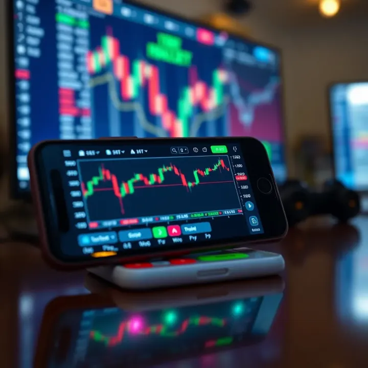 Mobile device displaying a forex trading application interface with currency charts and market indicators