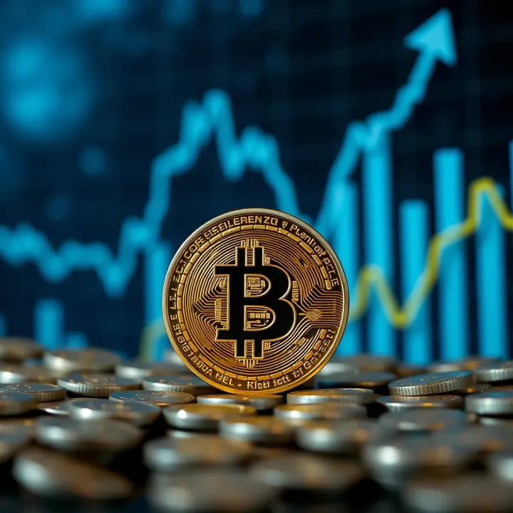 Illustration showing a digital coin symbolizing cryptocurrency with an upward trending graph in the background