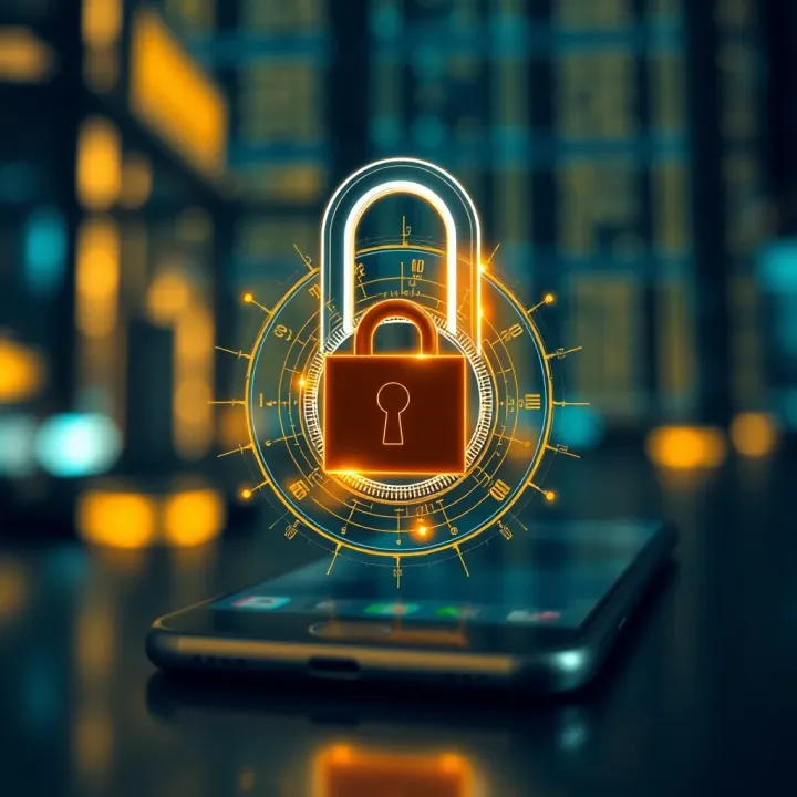 Illustration of a digital lock secured by multiple authentication layers on a smartphone