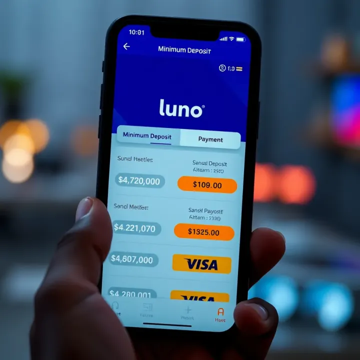 Mobile phone displaying Luno app with highlighted minimum deposit amounts and payment methods