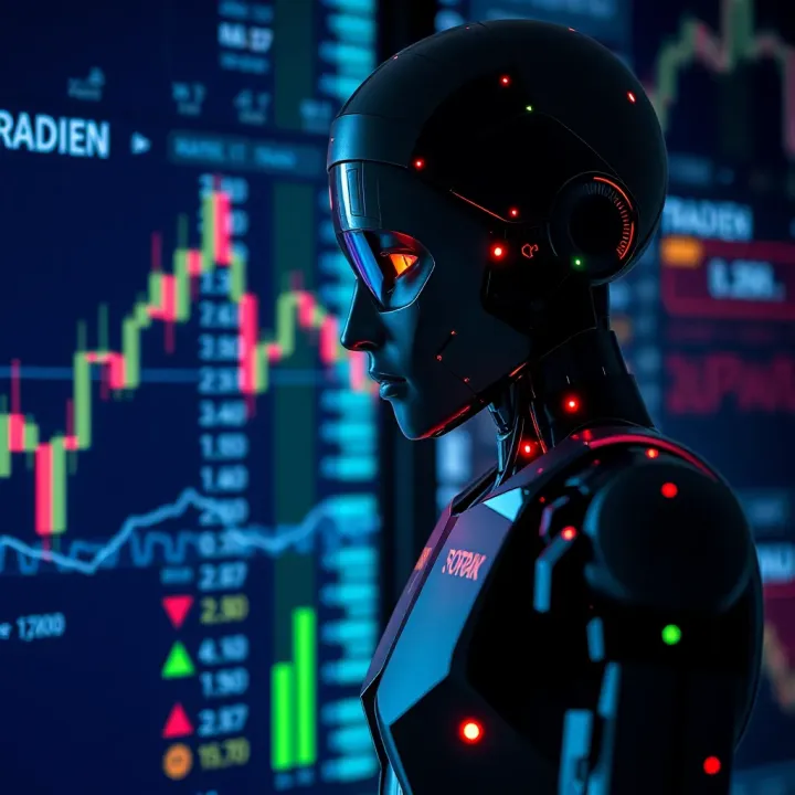 Concept of algorithmic trading showing robot with stock market symbols and digital interface