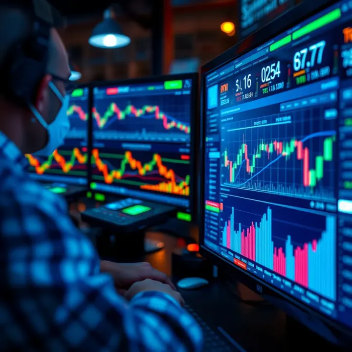 Automated trading system analyzing market data with digital charts and graphs