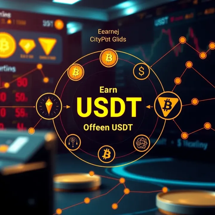 Conceptual diagram of earning USDT through mining with cryptocurrency symbols and network graphics