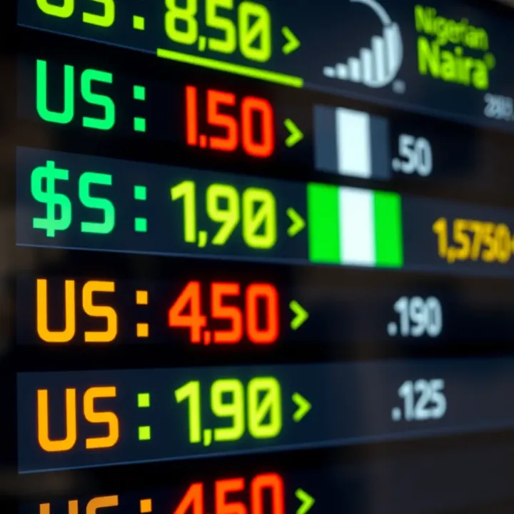 Currency exchange rates displayed on a digital board with US dollar and Nigerian Naira symbols