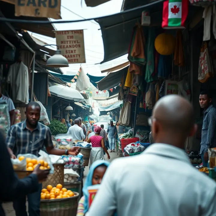 Bustling Nigerian market with diverse goods showcasing economic activity