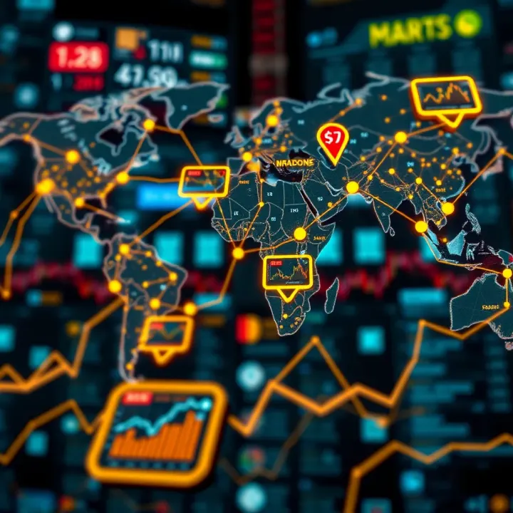 Global financial network illustrating connections between major markets and trading hubs