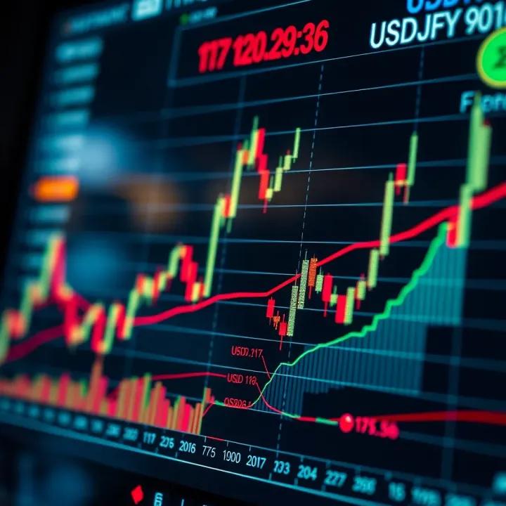 Chart showing USDJPY currency trend with economic data points from US and Japan