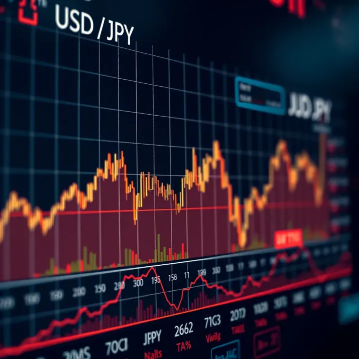 Graph displaying USD to JPY exchange rate fluctuations over time with trend lines and key economic events marked