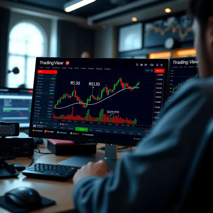 TradingView platform screenshot showing a binary options trading setup with customized charts and risk management tools